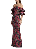 Parvati Floral Jersey Off-The-Shoulder Gown