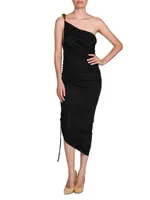 Ruched One-Shoulder Midi-Dress