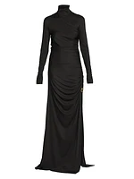 Ruched & Knot-Embellished Turtleneck Gown