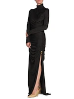 Ruched & Knot-Embellished Turtleneck Gown