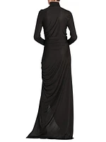 Ruched & Knot-Embellished Turtleneck Gown