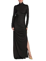 Ruched & Knot-Embellished Turtleneck Gown