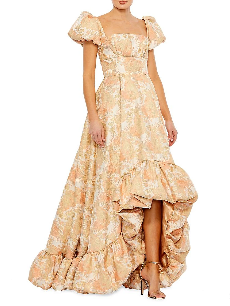 Puff-Sleeve High-Low Brocade Gown