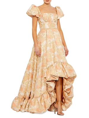 Puff-Sleeve High-Low Brocade Gown