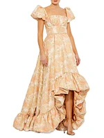 Puff-Sleeve High-Low Brocade Gown