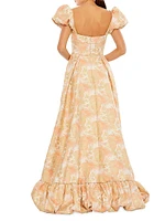 Puff-Sleeve High-Low Brocade Gown