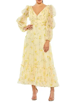 Floral Puff-Sleeve Chiffon Midi-Dress