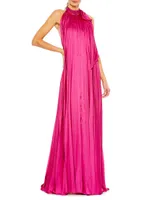 Pleated Trapeze Halterneck Gown