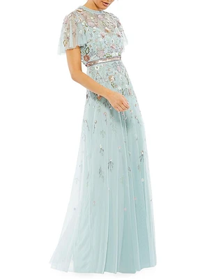 Embellished High-Neck Butterfly-Sleeve Gown