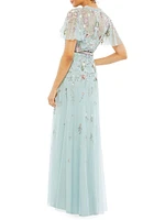 Embellished High-Neck Butterfly-Sleeve Gown