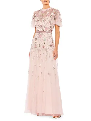 Embellished High-Neck Butterfly-Sleeve Gown