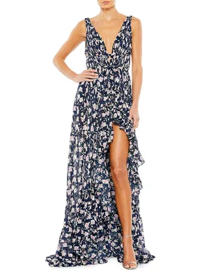 Floral V-Neck Ruffled Gown