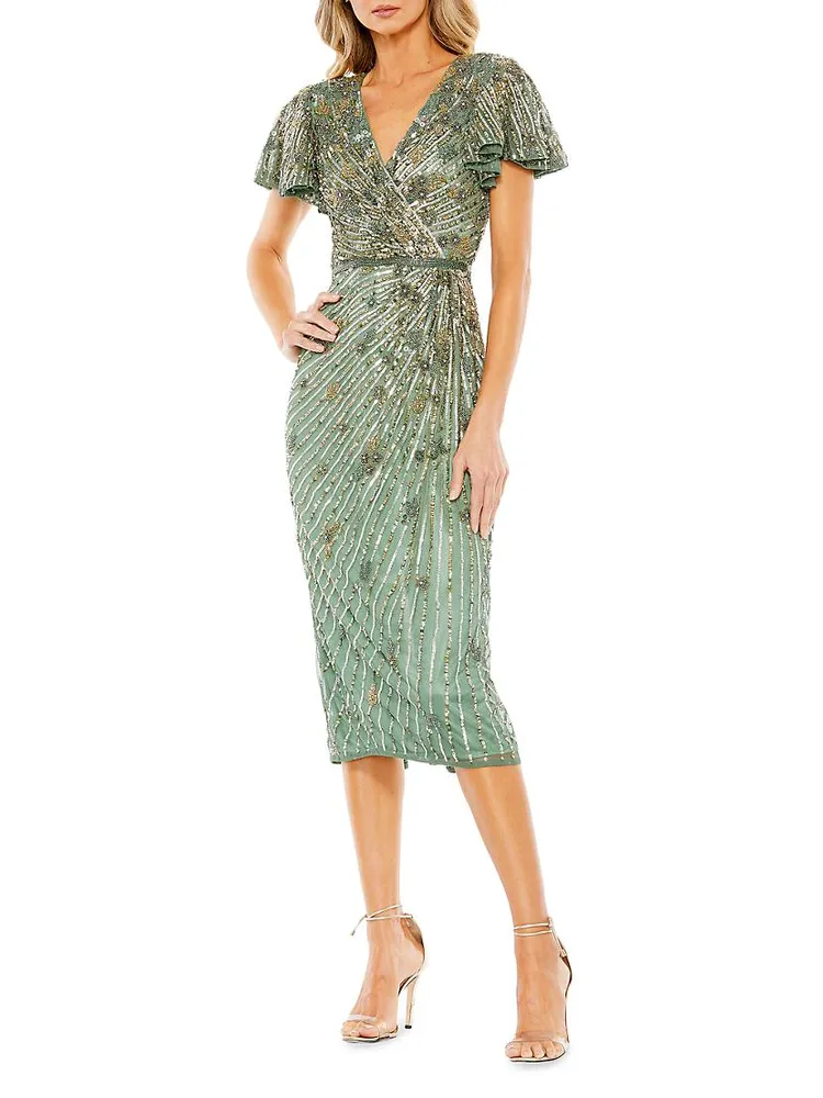 Cocktail Beaded Faux Wrap Midi-Dress