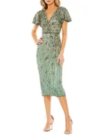 Cocktail Beaded Faux Wrap Midi-Dress