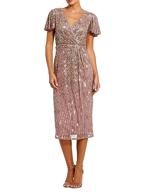 Cocktail Beaded Faux Wrap Midi-Dress