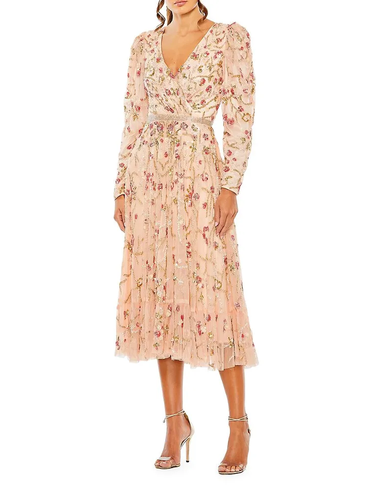 Cocktail Embellished Floral Midi-Dress