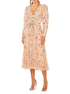 Cocktail Embellished Floral Midi-Dress