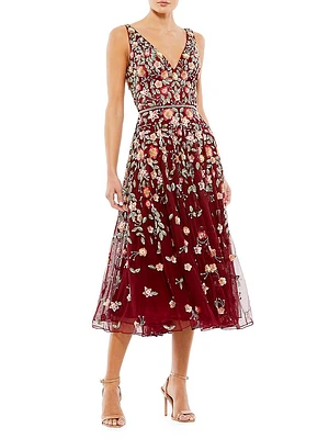 Cocktail Floral Embroidered V-Neck Midi-Dress