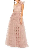 One-Shoulder Feathered Tulle Gown