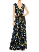 Pleated Floral A-Line Gown