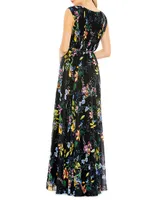 Pleated Floral A-Line Gown