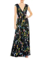 Pleated Floral A-Line Gown