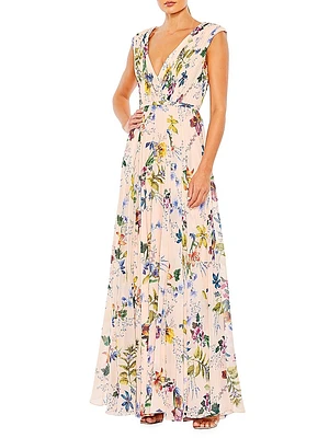 Pleated Floral A-Line Gown