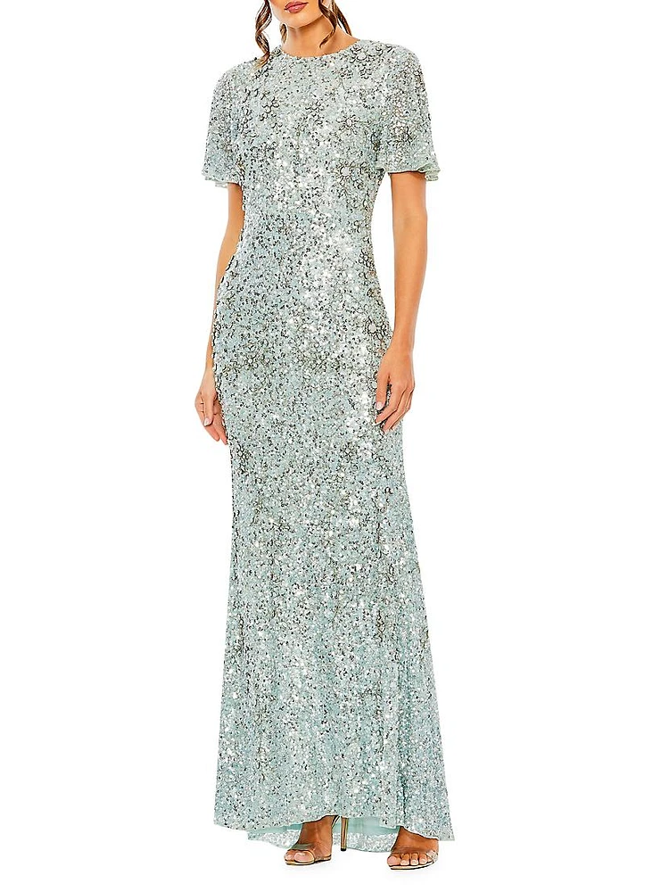 Flutter-Sleeve Sequin Gown