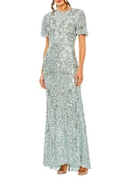 Flutter-Sleeve Sequin Gown