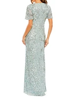 Flutter-Sleeve Sequin Gown