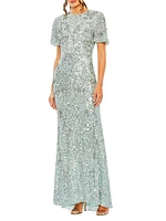 Flutter-Sleeve Sequin Gown