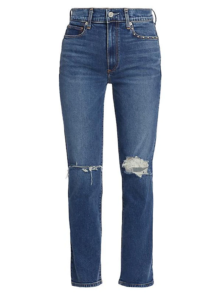 Isla Crystal High-Rise Distressed Straight-Leg Jeans