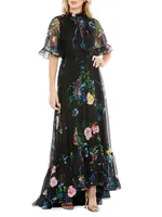 Floral High-Neck Flutter-Sleeve Gown