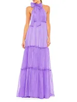 Tie-Neck Tiered Halter Gown