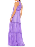 Tie-Neck Tiered Halter Gown