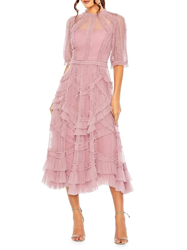 High-Neck Gathered Tulle Midi-Dress