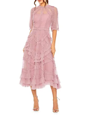 High-Neck Gathered Tulle Midi-Dress