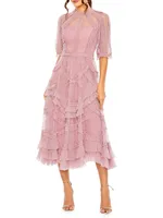 High-Neck Gathered Tulle Midi-Dress