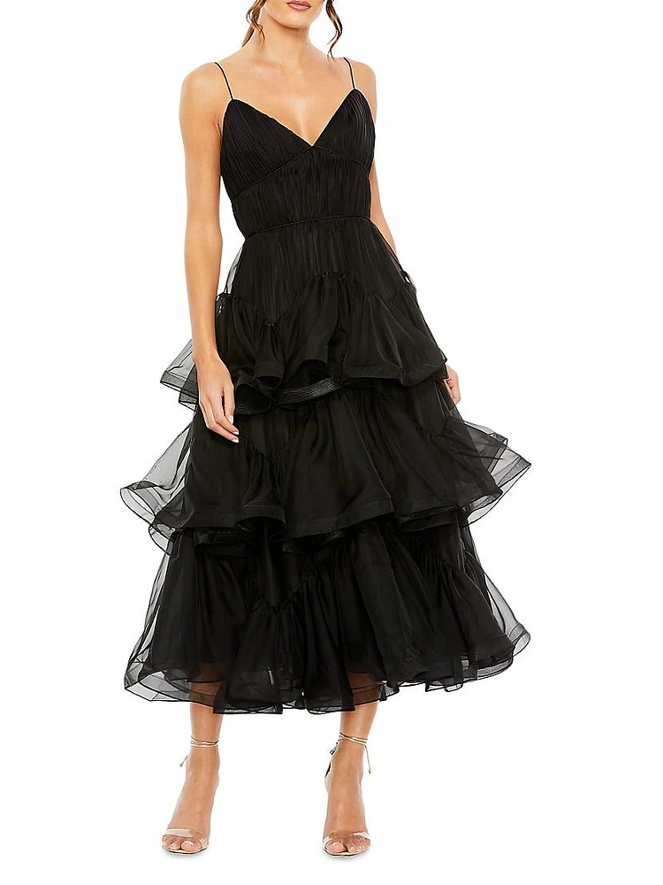 Tiered Ruffled Tulle Midi-Dress