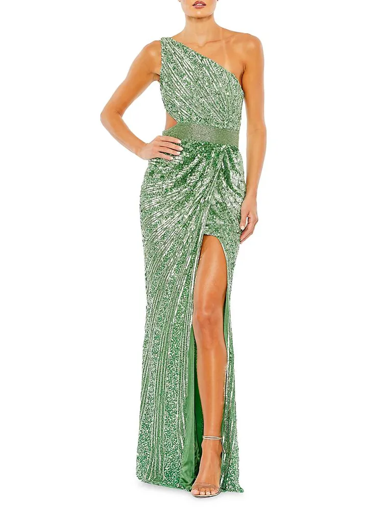 Sequined One-Shoulder Lace-Up Gown