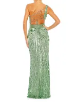 Sequined One-Shoulder Lace-Up Gown