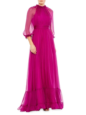 Ruffled Raglan-Sleeve Chiffon Gown