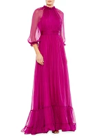 Ruffled Raglan-Sleeve Chiffon Gown