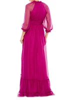 Ruffled Raglan-Sleeve Chiffon Gown