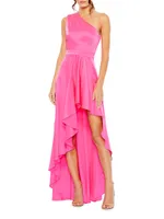 One-Shoulder High-Low Satin Gown