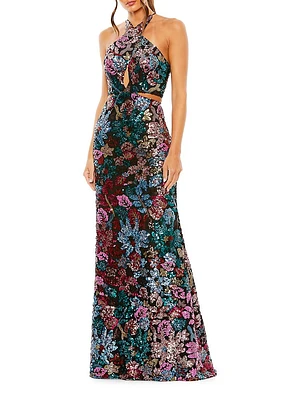 Floral Sequined Cut-Out Halter Gown