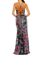 Floral Sequined Cut-Out Halter Gown