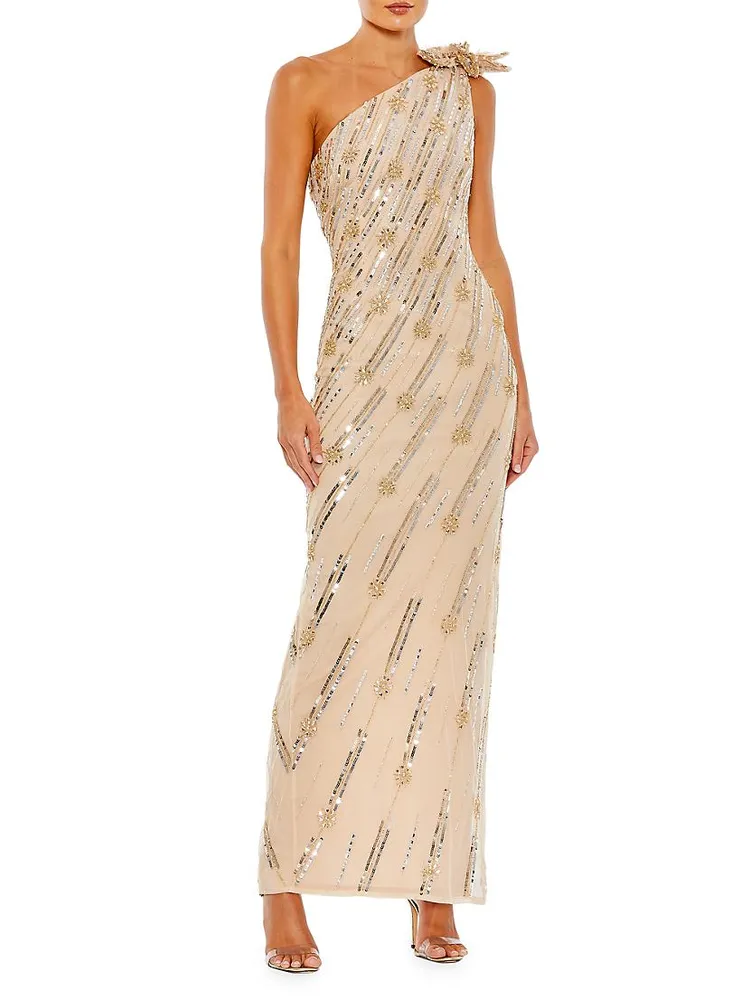 Embellished One-Shoulder Column Gown