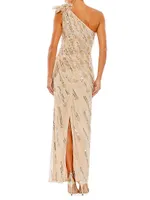 Embellished One-Shoulder Column Gown