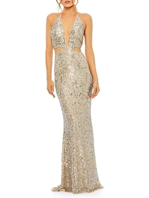 Sequined Cut-Out Halter Gown